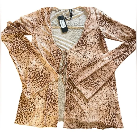 Motel Leony Cardi Sand Leopard Mesh Tie in Front Top Size Medium - Picture 5 of 5